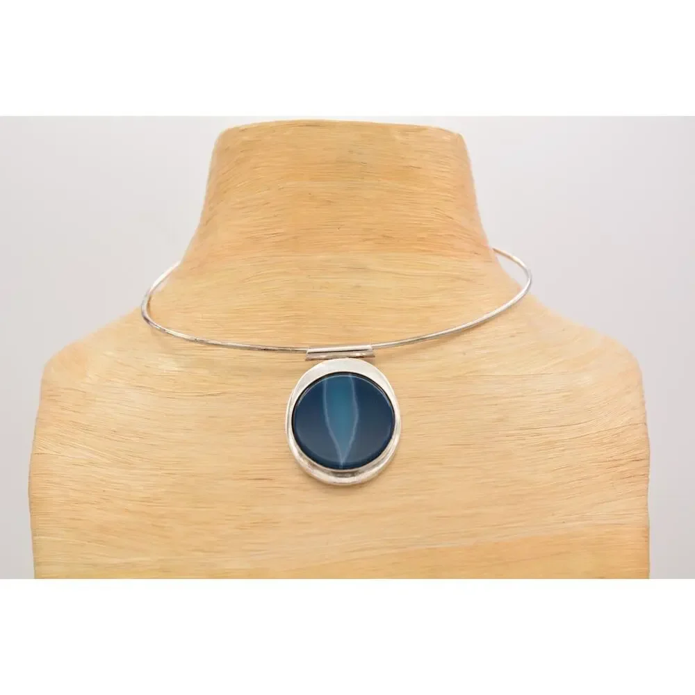 Vintage 925 Gemstone Necklace Blue Marbled Bezel Cabochon Sterling Silver Boho